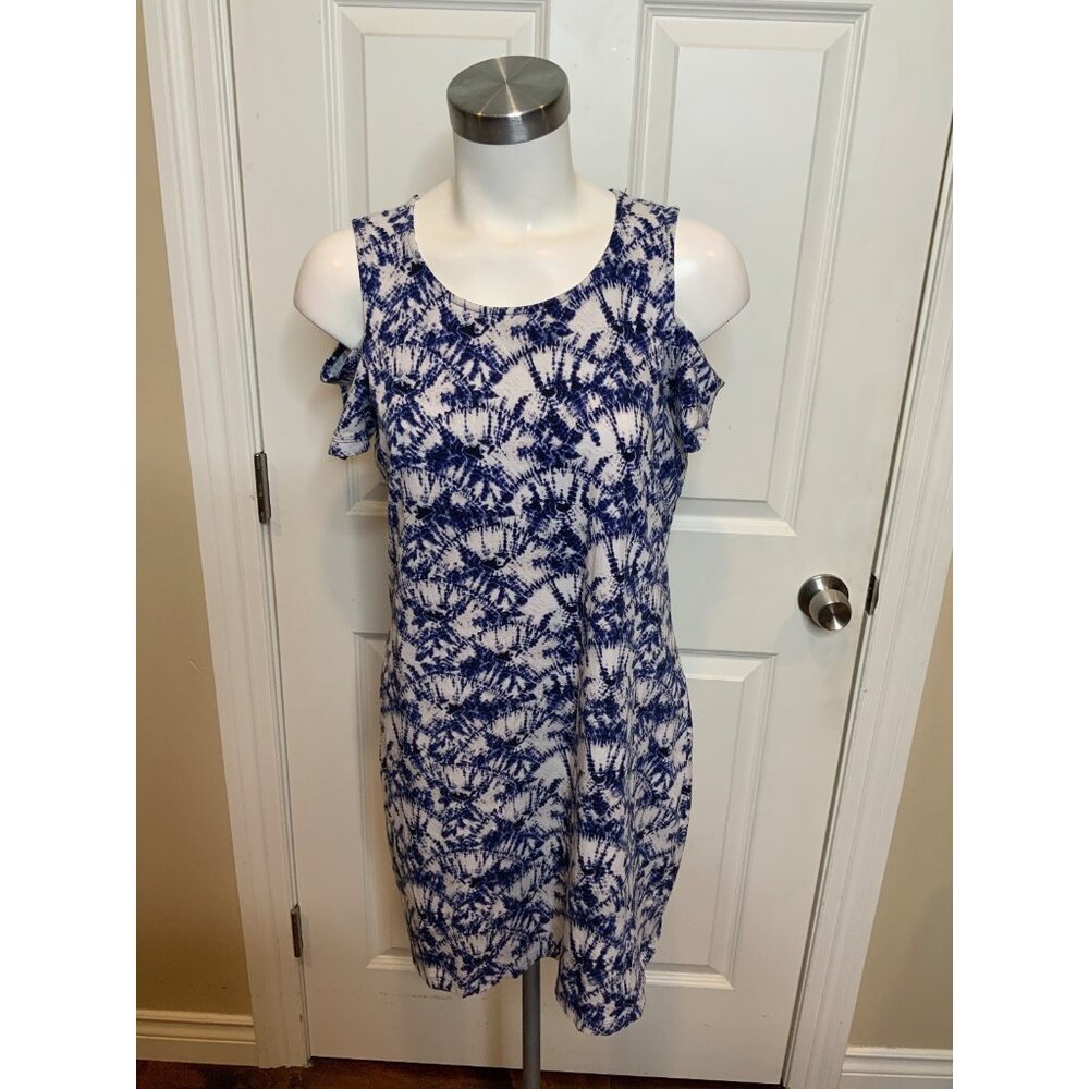 Michael Kors Blue White Tie Dye Cold Shoulder Mini Tank Dress, Size M